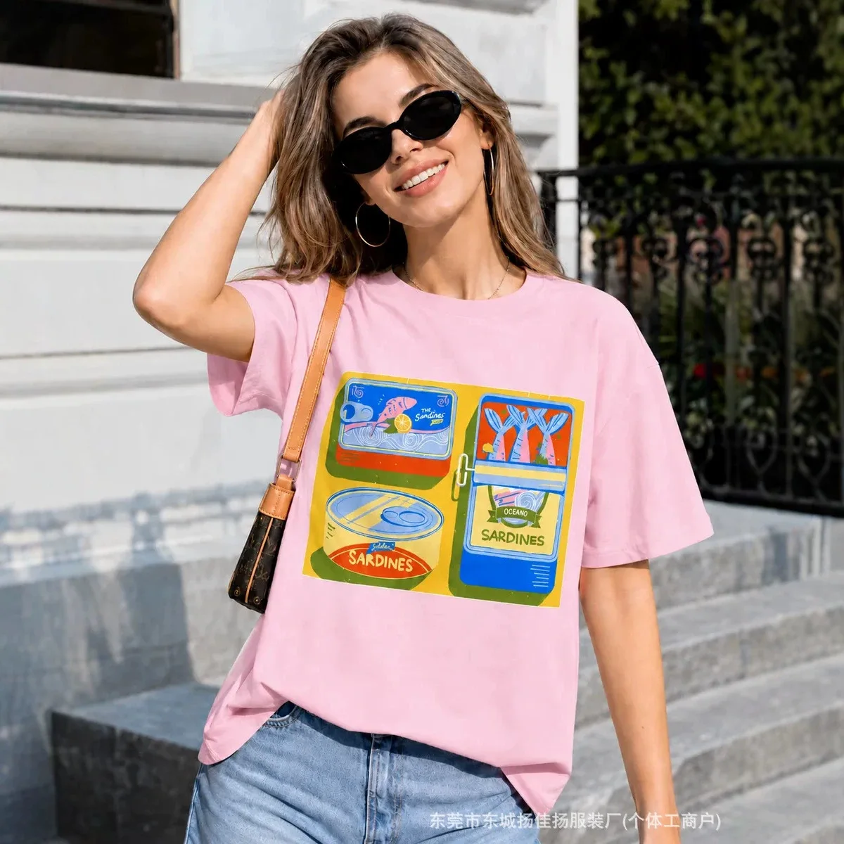 Chic French Coastal Pink Oversized Tee Vintage Sardine Tin Cans Collage Print Loose Soft 100% Cotton Summer Beach Brunch T Shirt