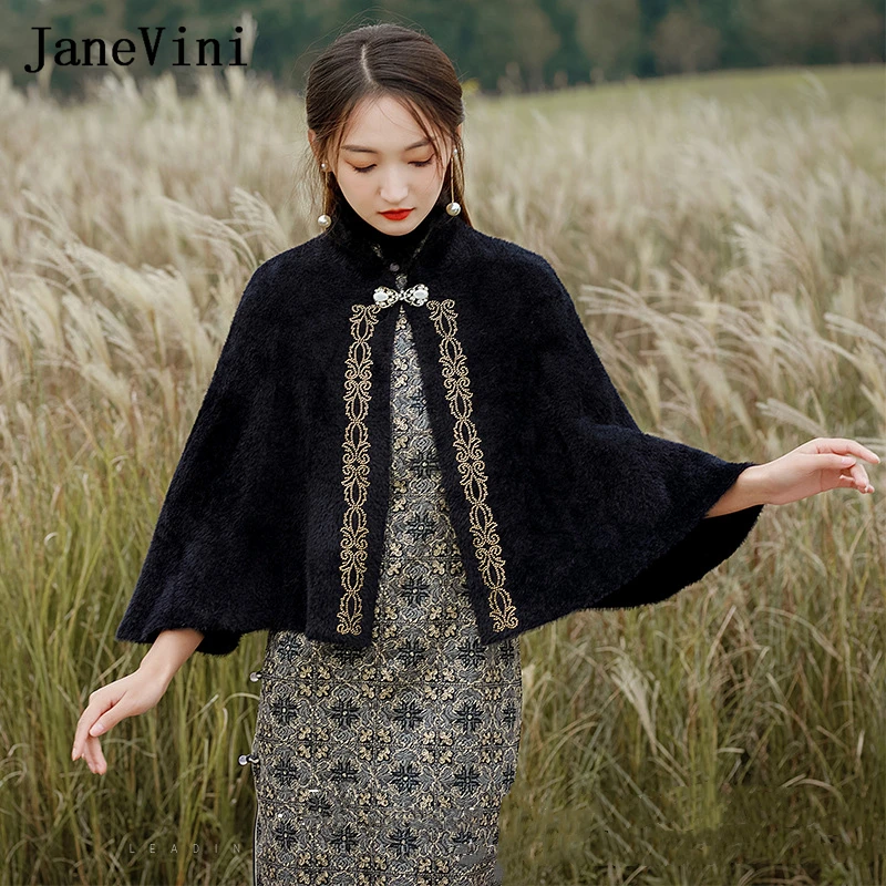 JaneVini Black Fur Bridal Bolero Femme Women Evening Dress Shawl Wraps Jackets Wedding Cape Cloak Shrug Stole Chale Fourrure