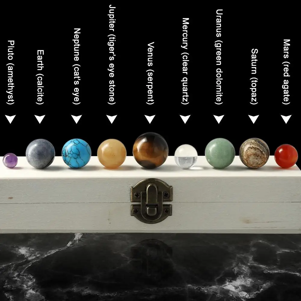 Handcrafted Planet Ball Planet Stone Bead Realistic Faux 9 Planets Ball Solar Sun System Rock with Wooden Box Quartz Stones