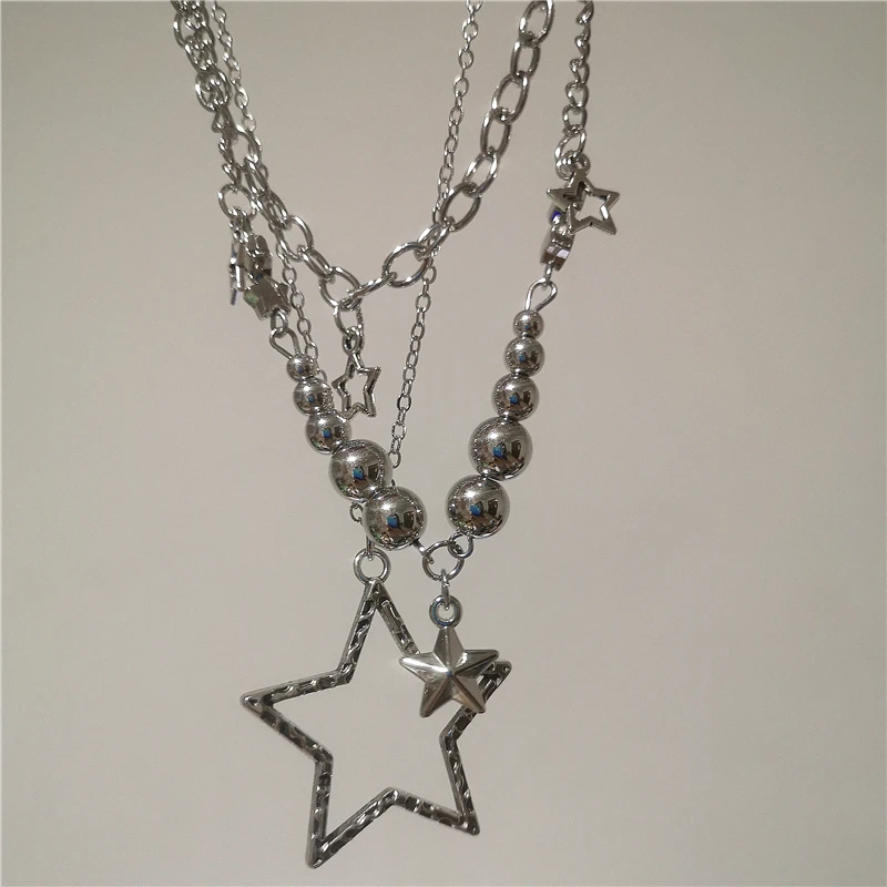 Punk Rock Silver Color Star Pendant Multi Layered Metal Chain Necklace For Women Y2K Charm Goth Vintage Neck Grunge Jewelry Gift