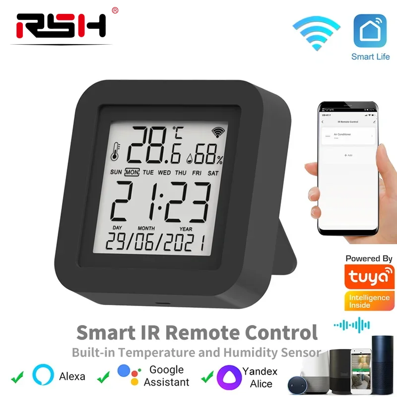 

Tuya Smart Universal IR Remote with Temperature Humidity Sensor for Air Conditioner TV AC Works with Alexa Google Home Yandex