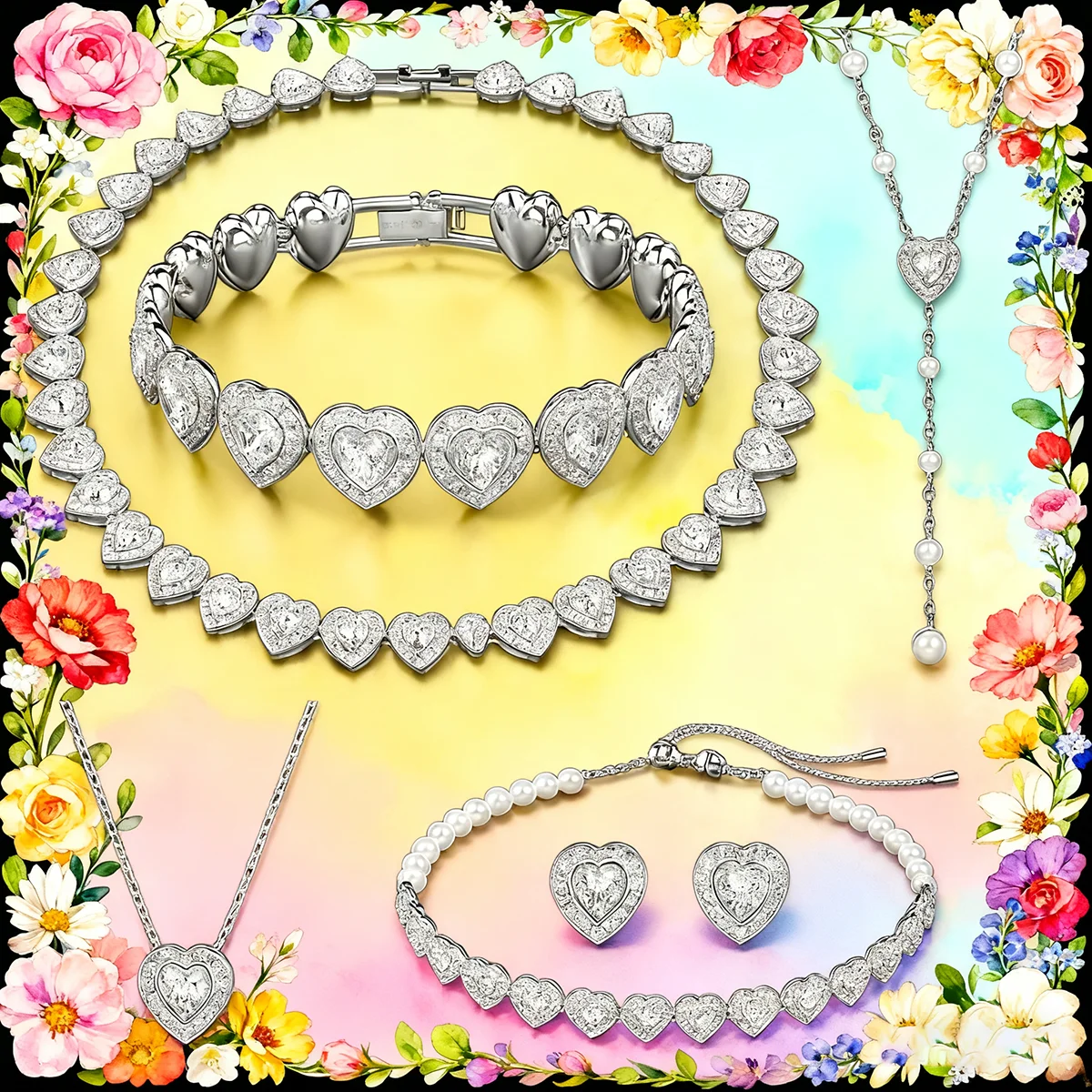 女性用高級感溢れる多用途ブレスレット、ハイエンドスタッドピアス、ジュエリーセット付きのラブフルダイヤモンドパールネックレス