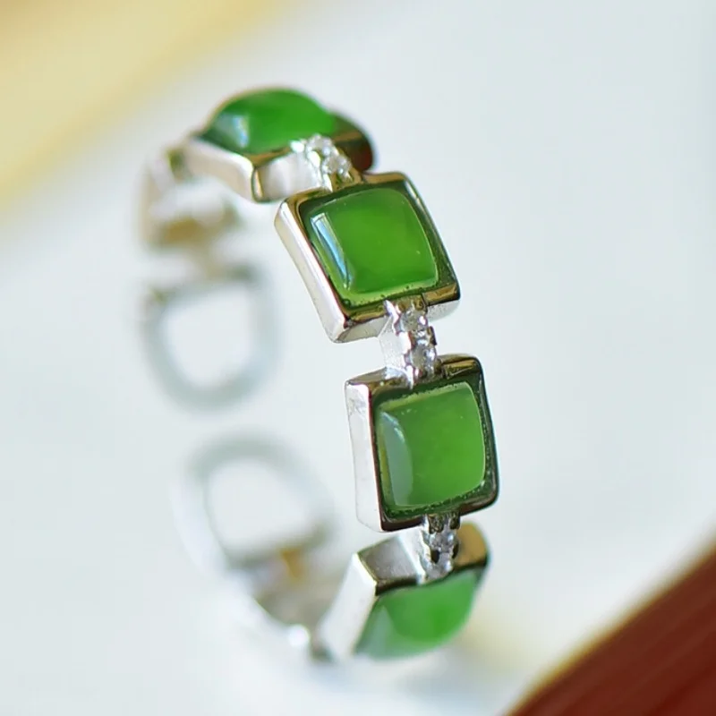 SGARIT Authentic Jadeite Hetian Jade S925 Silver 5*22mm Small Square Inlay Ring Unique Design Elegant Two Color Options for Gift