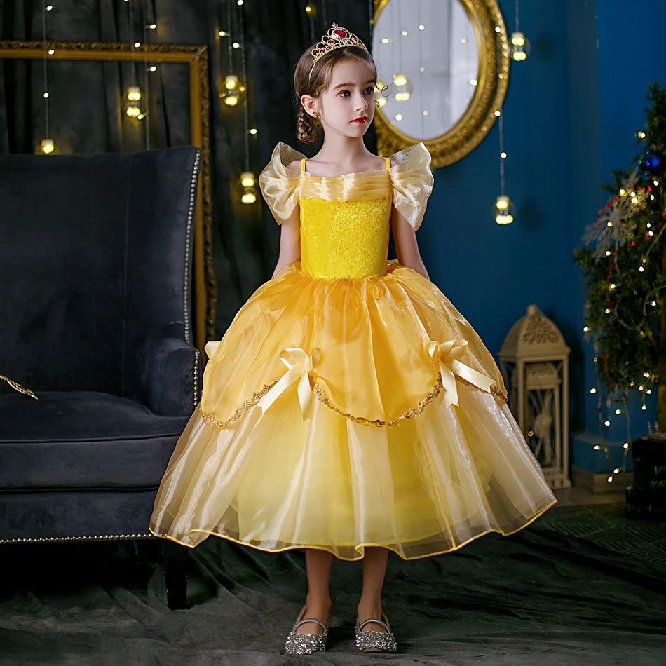 Vestido de princesa bella para niñas, disfraz de La Bella y La Bestia, ropa de fiesta para niños, corona de palo mágico, cumpleaños para niños