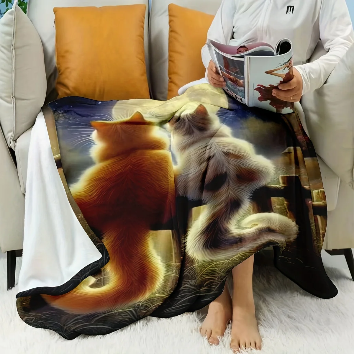 Soft Flannel Cat Throw Blanket, Moonlight Couple Design, Warm Lightweight All-Season Blanket for Bed Sofa Office Nap, Ideal Gift