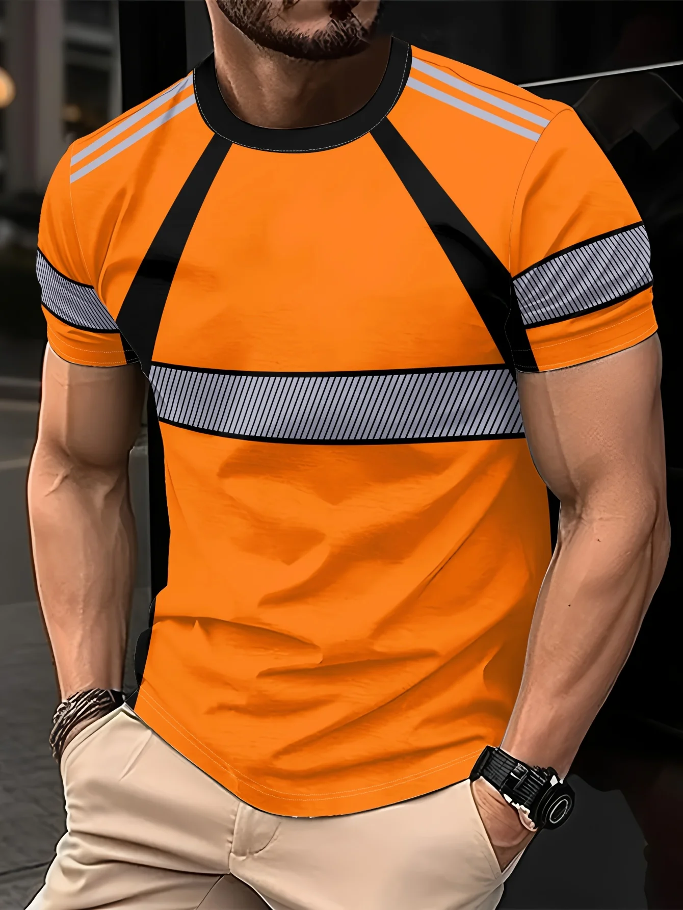 Men Sport Quick Dry T-shirt High Elastic Reflective Stripe Mesh Splicing Short Sleeve Athletic Running Workout Top