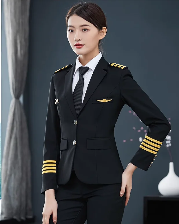 

Woman Pilot Uniform Black Suit Include Jacket Pants Badge Work