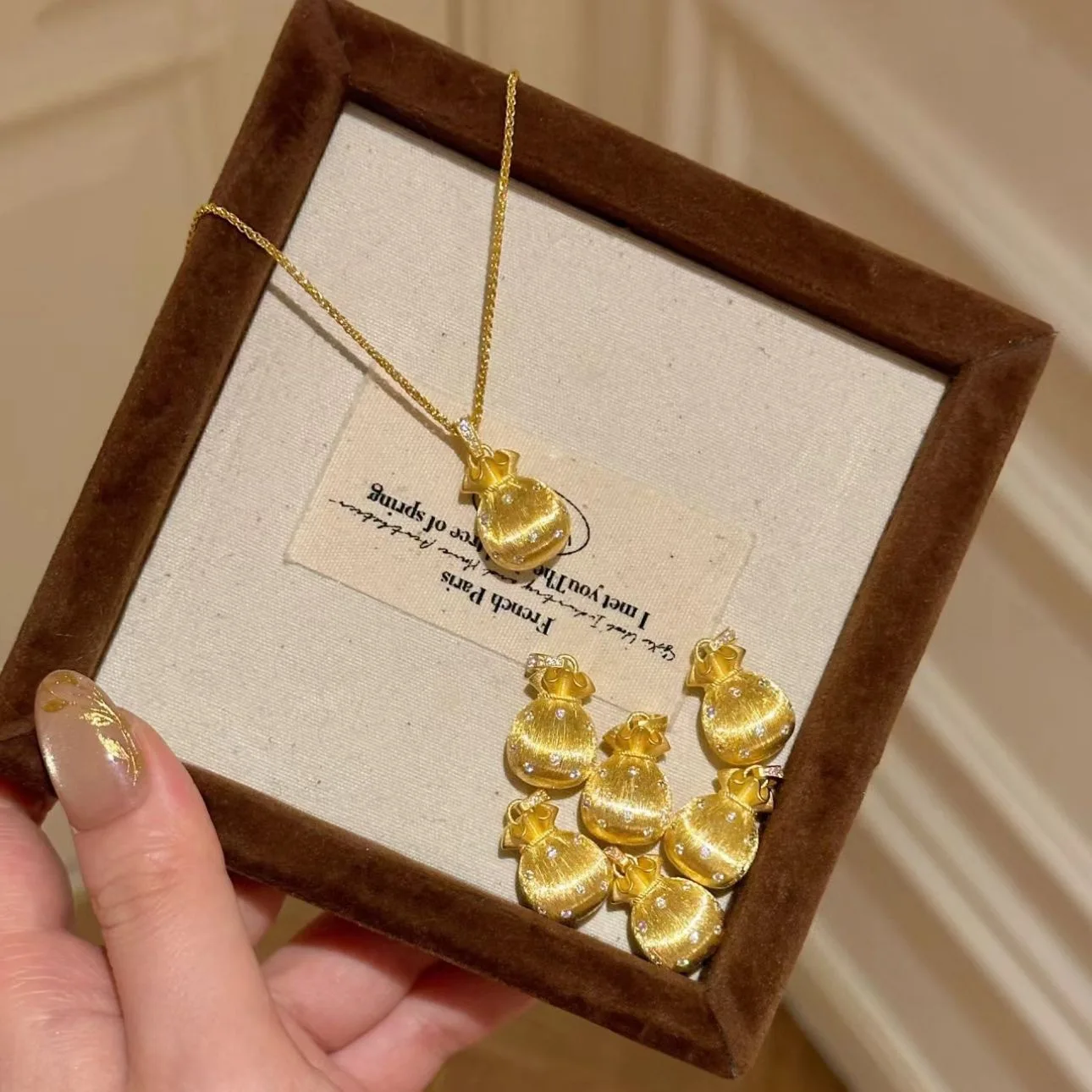 Women's 2026 Chinese Style Brushed Sand Gold Lucky Pouch Pendant Necklace Inlaid Cubic Zirconia For Daily Wear Birthday Gifting