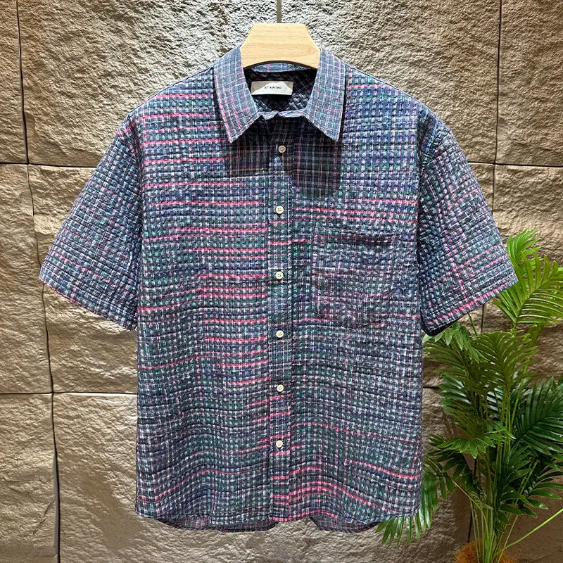 Summer Checkered Short Sleeved Men's Fashion Trend, Casual Versatile, Thin Style, Loose Fitting Shirt for Men