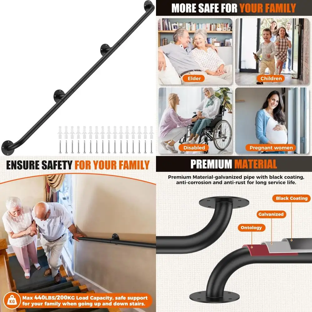 

Indoor Stair Handrail 10FT Long, 440lbs Load Capacity, Black Galvanized Iron, Industrial Wall Mount Railing