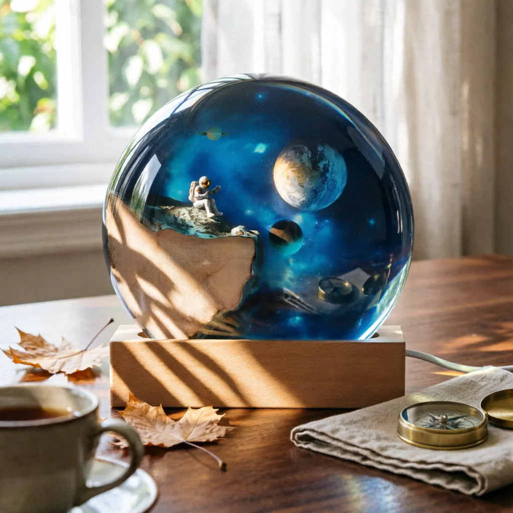 Resin Night Light with Wooden Base Compact Astronaut Night Light Astronaut Lamp Cozy Space Lamp Dimmable for Children