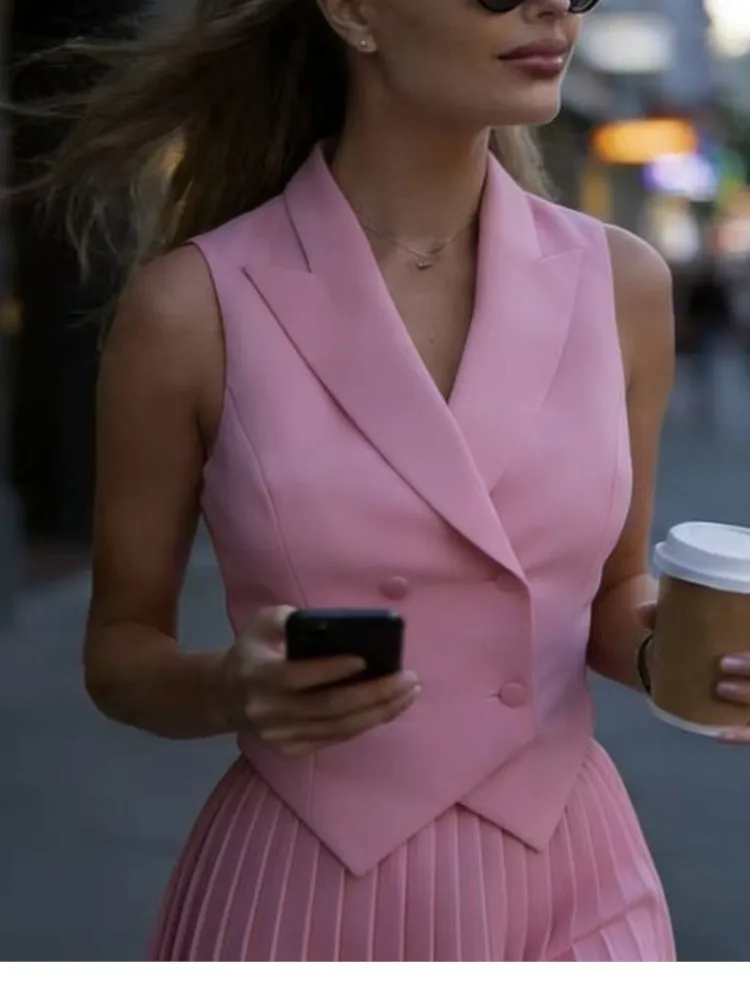 Dames nieuwe mode casual rokset lente en zomer mode revers onregelmatige mouwloze top plooirok tweedelige sets