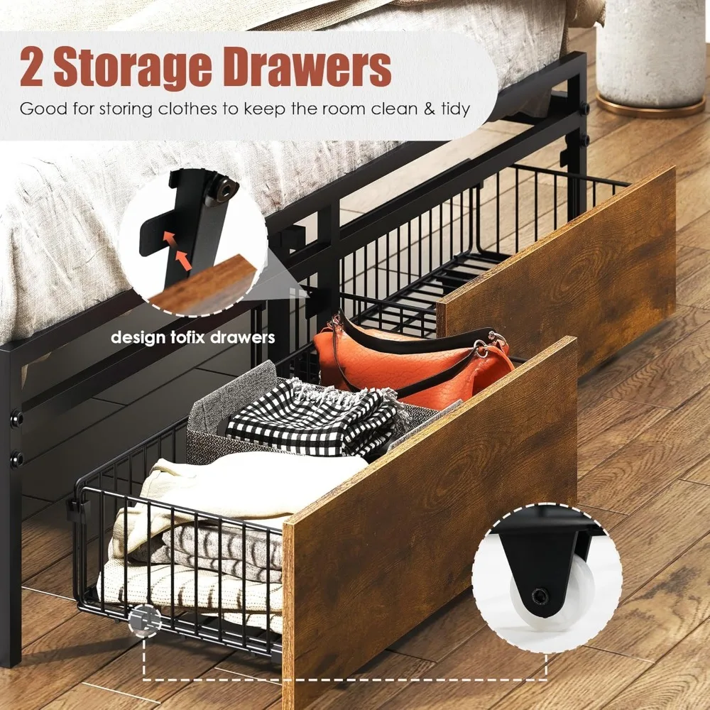 إطار سرير مزدوج الحجم من soges، لوح رأسي للتخزين مع محطة شحن، إطار سرير معدني ثابت مع أدراج، خالي من الضوضاء، بدون صندوق Spri