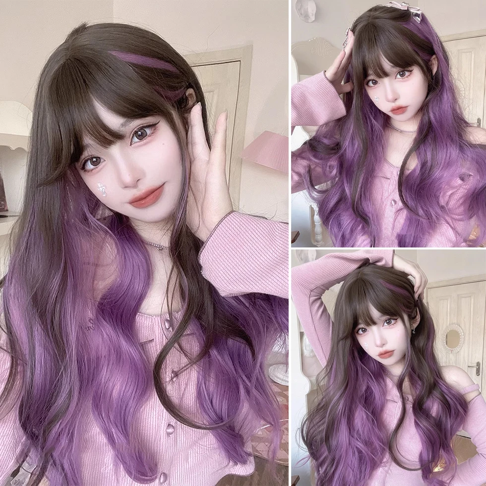 

Long Body Wave Highlights Purple Cosplay Wigs Heat Resistant Synthetic Wigs 26 Inche With Bangs Natural Lolita Wigs For Women