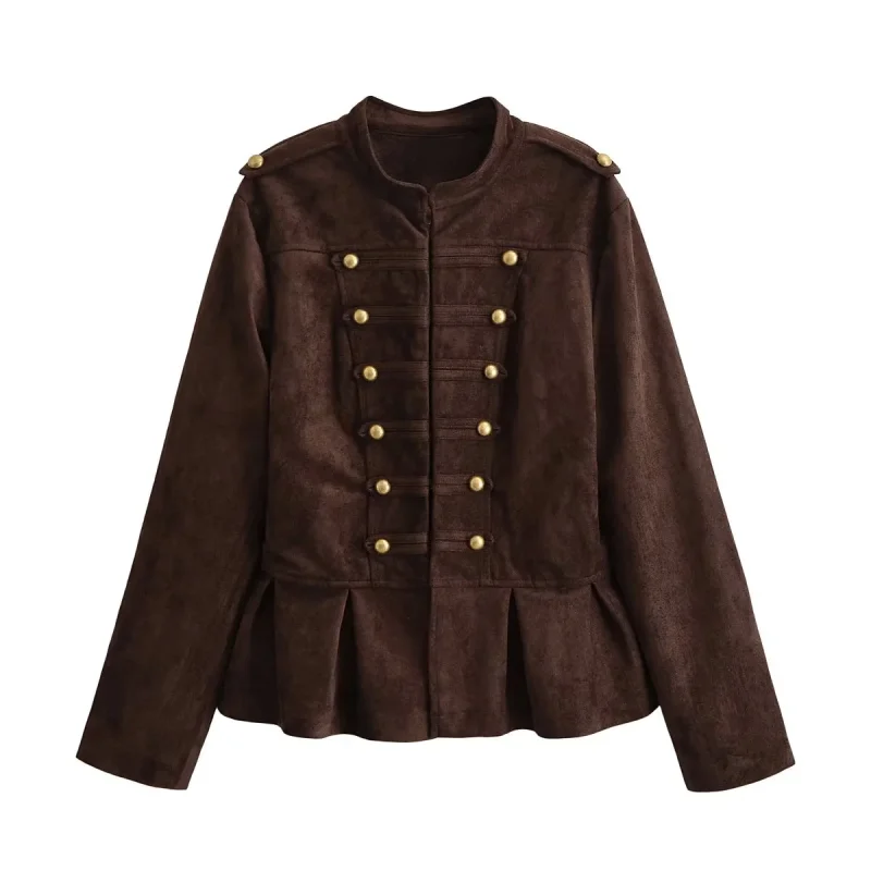 2026 Autumn Women Stand Collar Ruffles Short Jacket Long Sleeve Hook Buckle Slim Waist Cinched Elegant Chic Lady Outerwear Coat