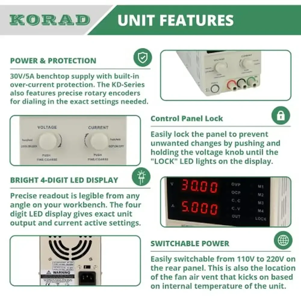 Precision DC Linear Power Supply 30V 5A Digital Control Adjustable Dual LED Display Circuit Protection Overload Short Circuit