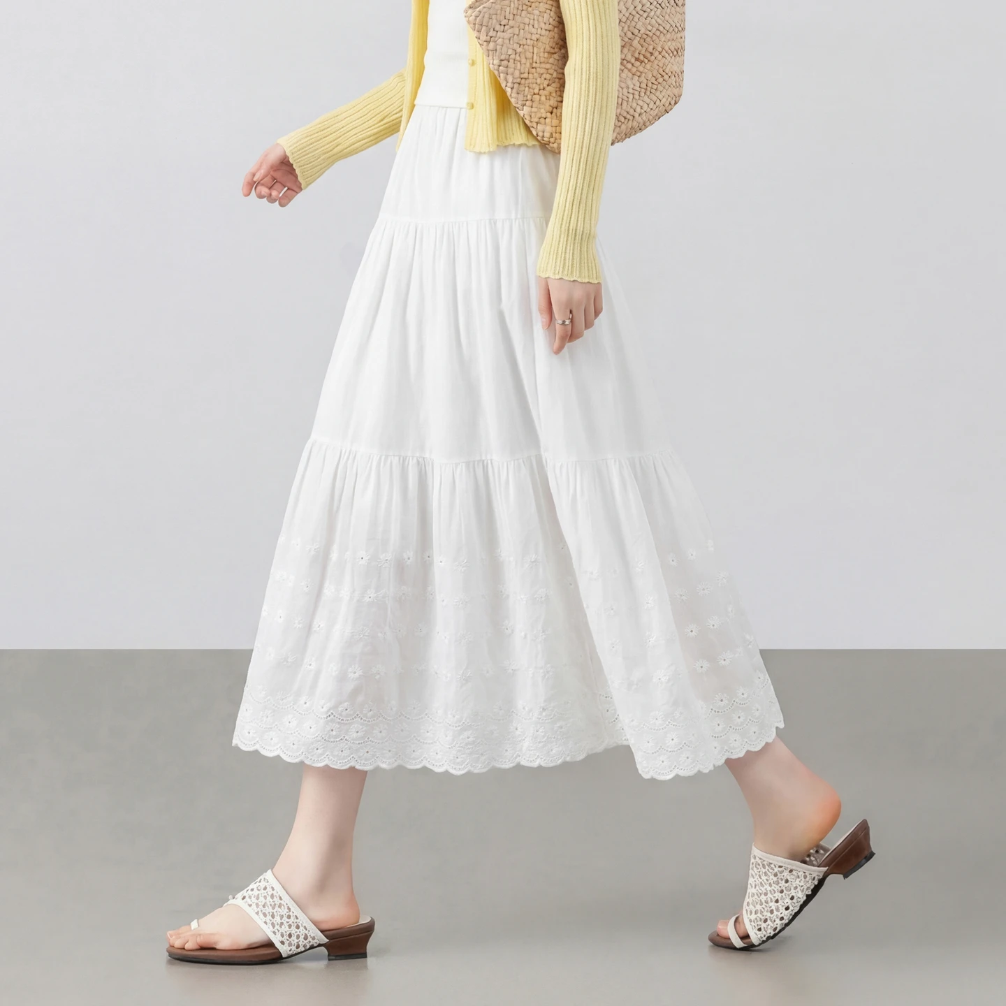 SENTUBILA Women's Cotton White Skirt 2026 Summer Cutwork Embroidery Long A Line Cake Skirt Ladies Casual Clothes 162QA7161