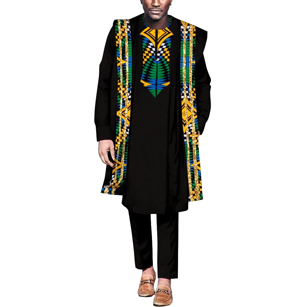 African Clothes for Men Dashiki Agbada Robe Suits 3 Pcs Set Loose Coat Shirt and Pant Patchwork Men African Style Outfit WYN1848