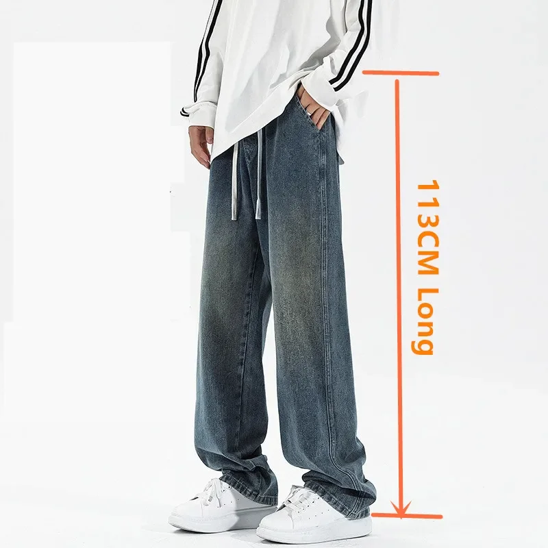 

Extra Long Pants Overlong Lengthen Denim Spring Autumn Loose Mid Waist Straight Tall Men Wide Leg Jeans