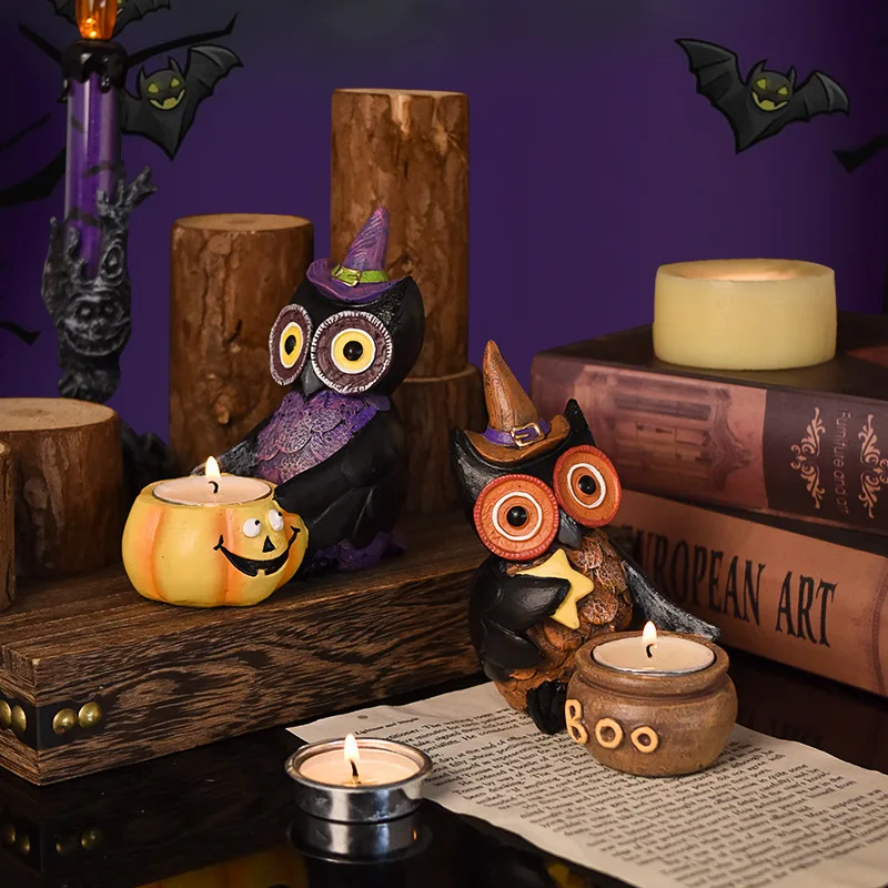 

Halloween Cute Gothic Owl Statue Resin Owls Witch Figurine Candle Holder Ghost Crafts Ornaments Decor Gift Photo Props