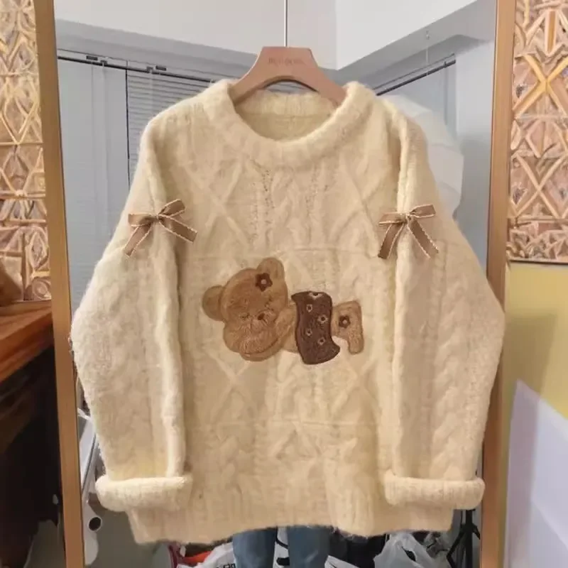 

Милый и милый пуловер с медвежьим бантом в студенческом стиле, свитер для женщин, зимний ленивый свободный свитер с круглым вырезом