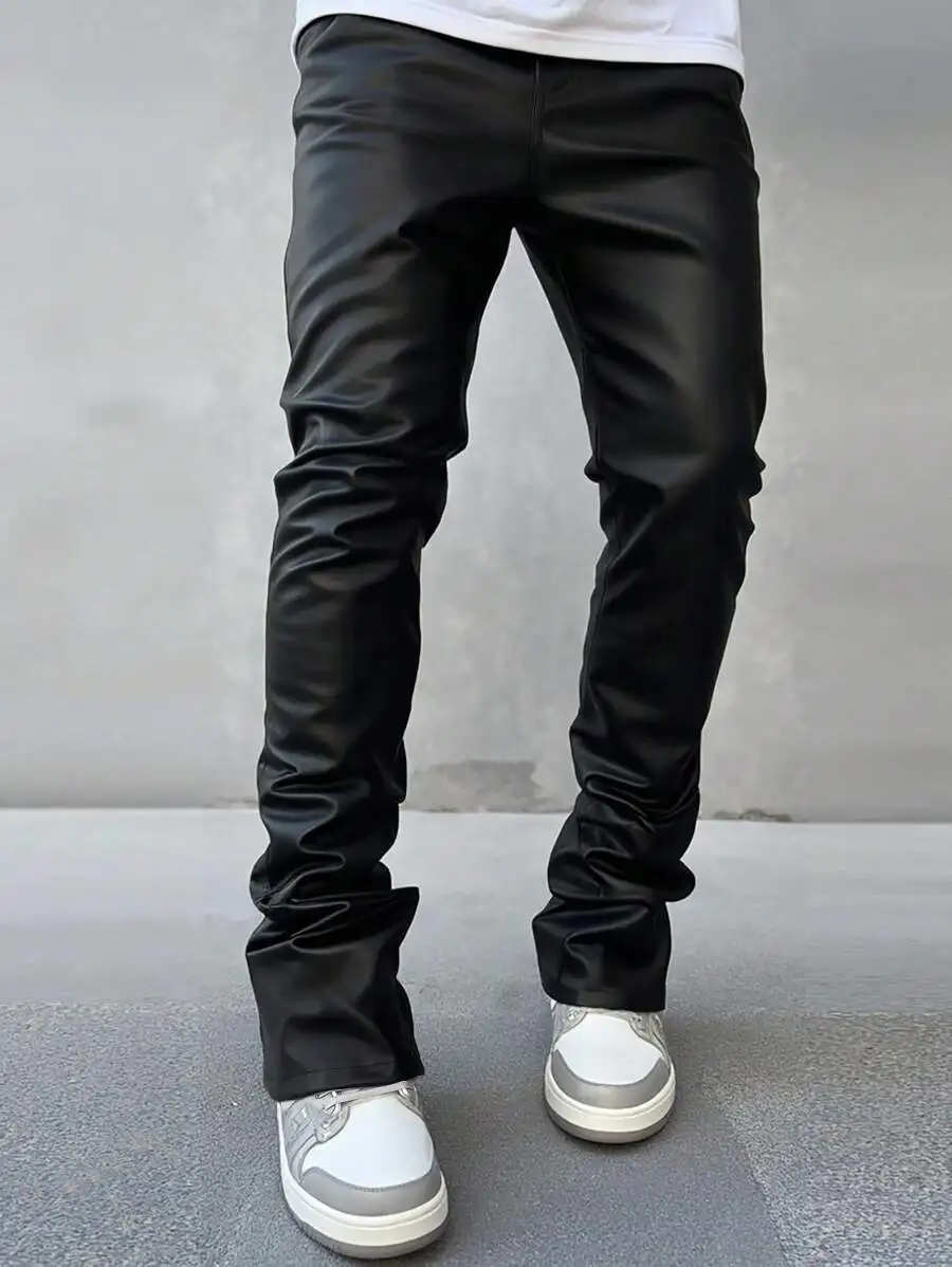 Mens Solid Color Slim Fit PU Leather Pants Casual Fall