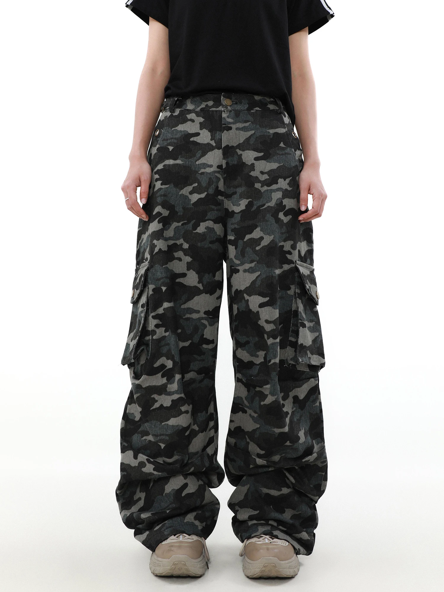 American Retro Camouflage Wide-Leg Overalls Straight European Hip Hop High Street Loose Casual Pants Men