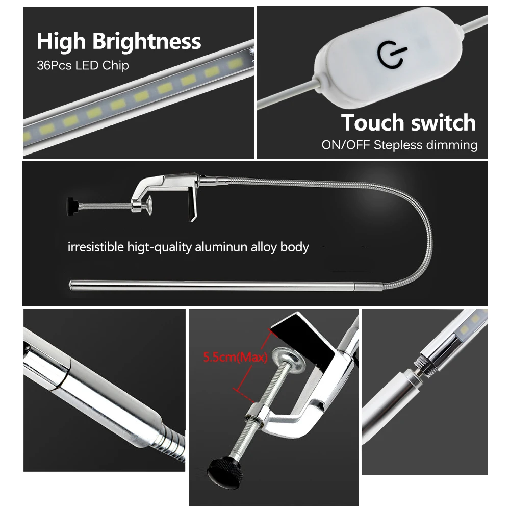 Long Arm Table Lamp 48 LEDs Clip Mounted Office LED Desk Lamp USB Flexible Gooseneck Eye-protection Reading Lamps for Work Study