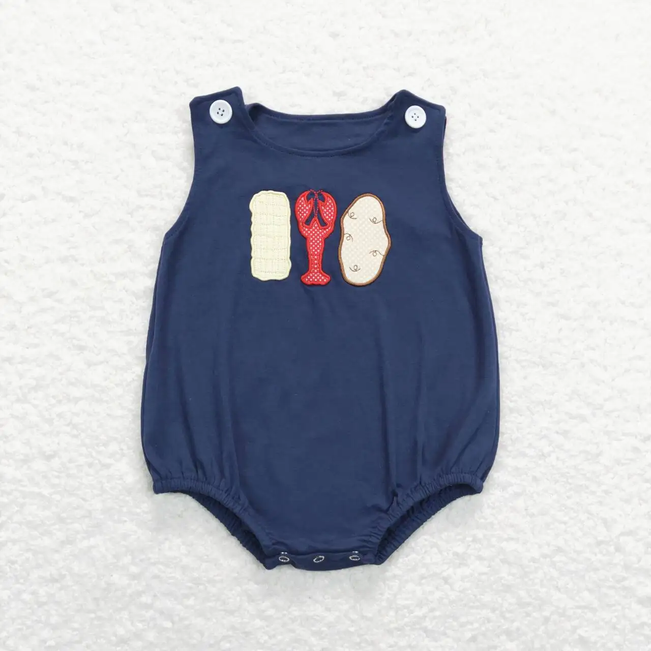 Wholesale western boutique rompers hot sale baby kids newborn toddler clothes Embroidered corn crayfish navy blue vest jumpsuit