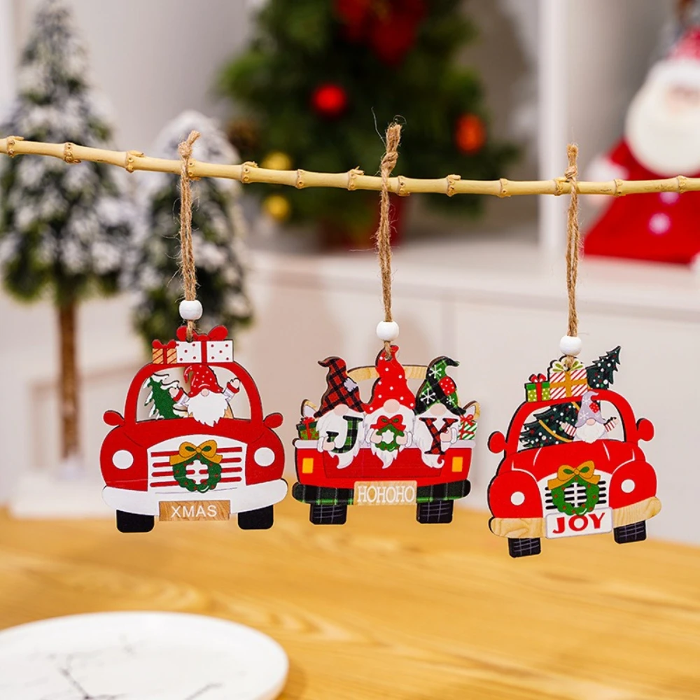 

2pcs New Christmas Wooden Car Pendant with Painted Forest Old Man Faceless Doll Christmas Tree Pendant Home Yard Decoration