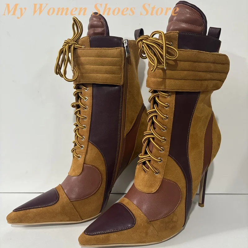 الدانتيل يصل المرقعة الكاحل الجوارب مثير مدبب تو خنجر رقيقة عالية الكعب المدرج 2026 الشتاء الخريف النساء فستان أحذية سستة #1