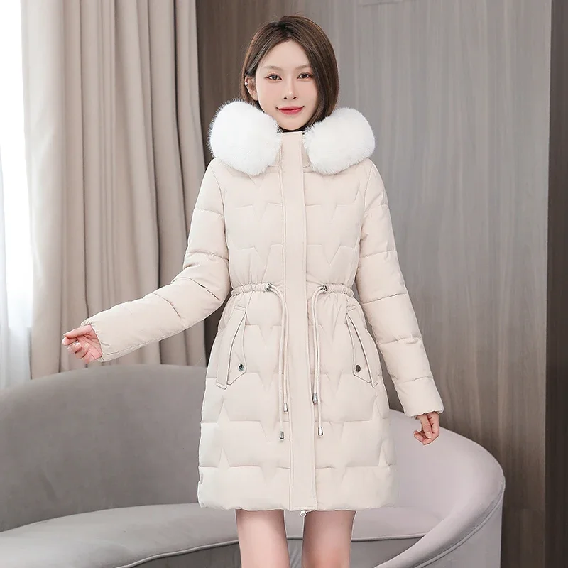 Doudoune longue à capuche pour femme avec col en fourrure, manteau en coton, veste optique, parka monochrome, combat de degrés froids, hiver, nouveau