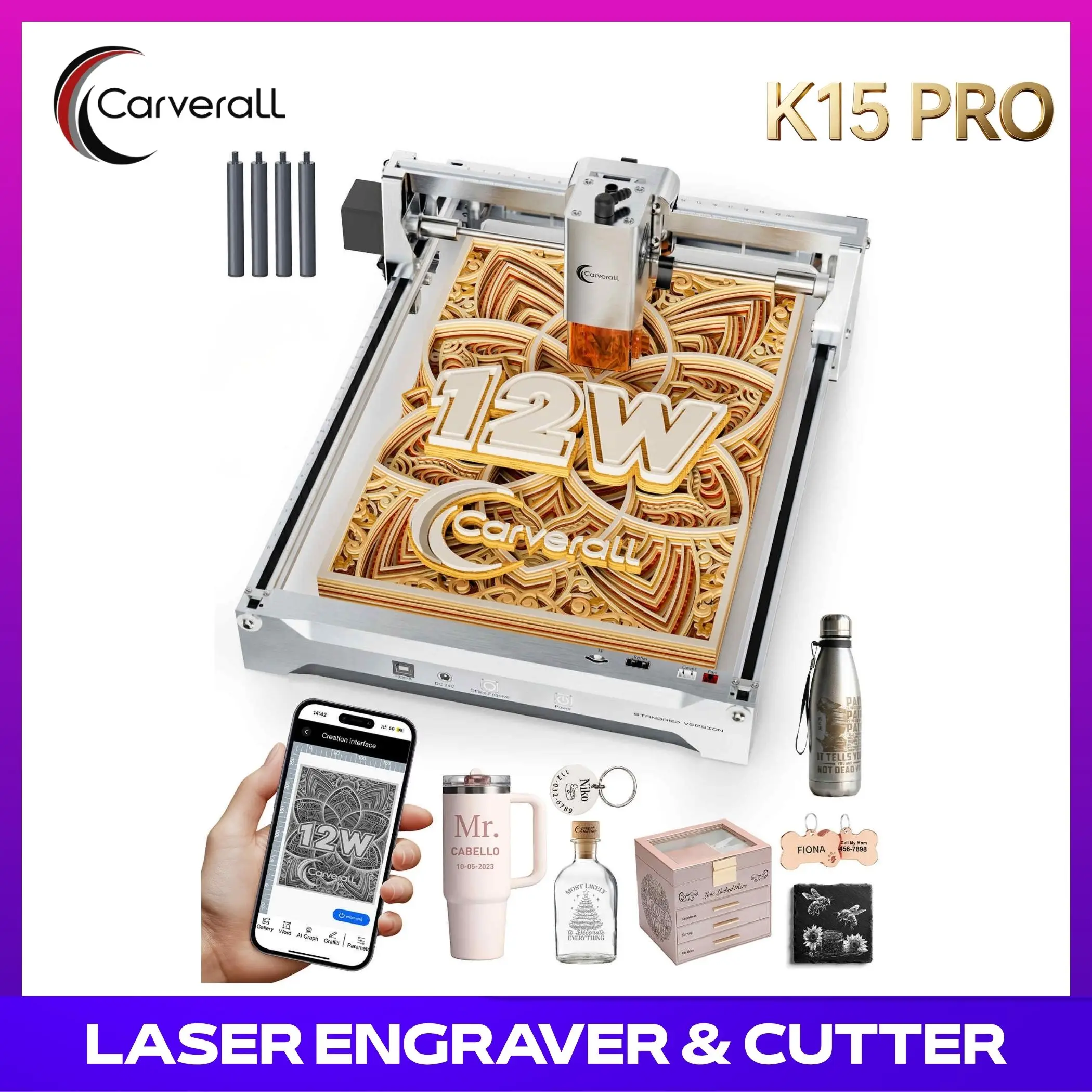 Laser Engraver 12W Laser Engraving Machine for Wood Metal Acrylic Glass Stone, DIY CNC Portable Laser Cutter 7.9" x 11.8" (Near A4) Offline Engraving Carverall K15 Pro Silvery, 12000mW, Class 1