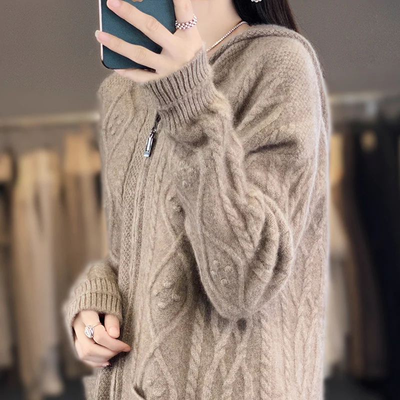 New 100% Merino Wool Hoodie Autumn/Winter Casual Loose Jumper Stylish Korean zippered Cardigan Long Sleeve Top Thick Warm Jacket