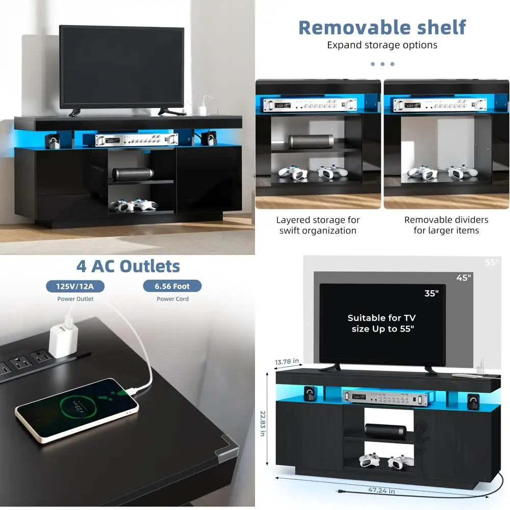 HOMMPA Modern LED TV Stand for 55/50/43/40/32 inch TVs with Power Outlets, Gaming Entertainment Center with Storage Media Table