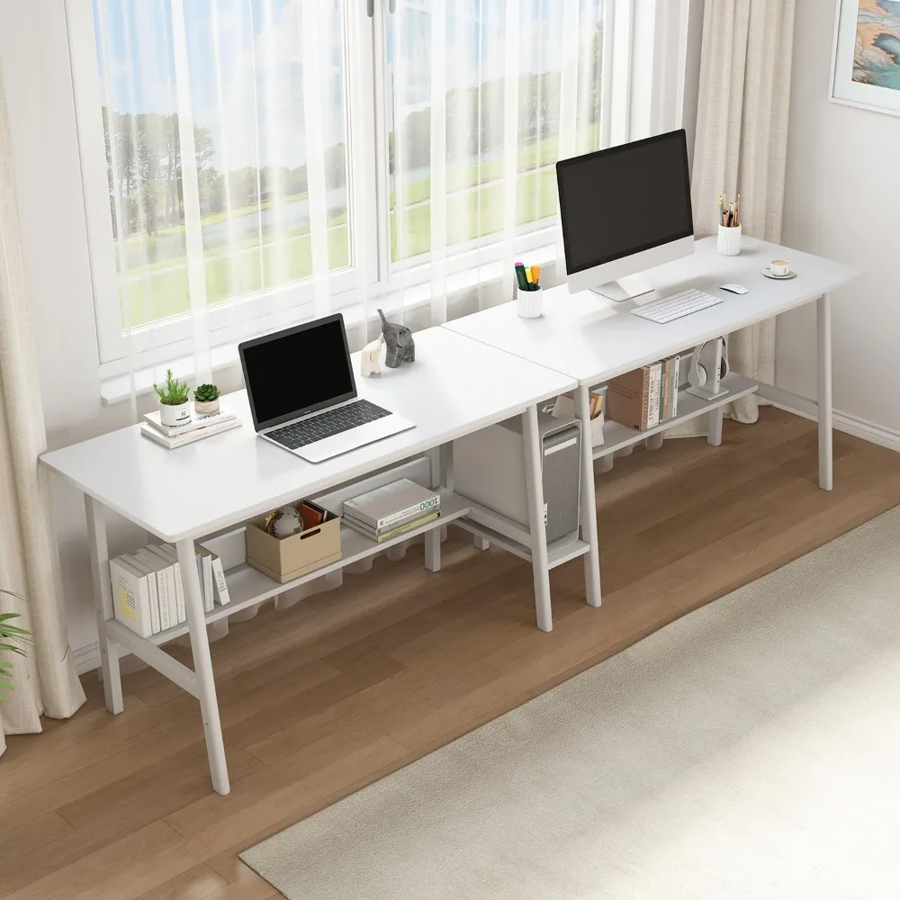 2-Person Writing Desk with Bookshelf, Wooden Extra Long Home Office Worktable, Study Computer Workstation White, Study Desk