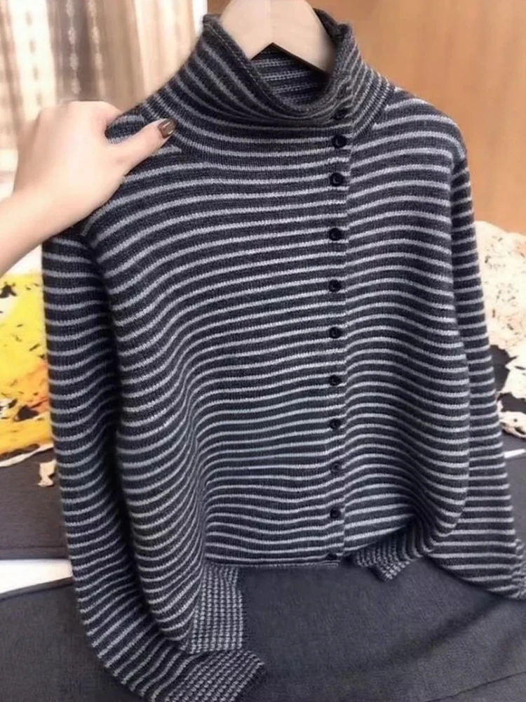 Korean Style High Neck Striped Knit Sweater Women's Slim Fit Inner Wear Base Layer Top Soft Long Sleeve V-Neck Warmth