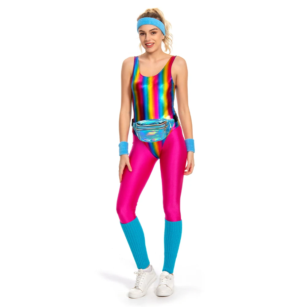 6Pcs/Set Retro 80s 90s Legging Cosplay Women Costume Colorful Glossy Printed Sportwear Headband Set Halloween Carnival Suit