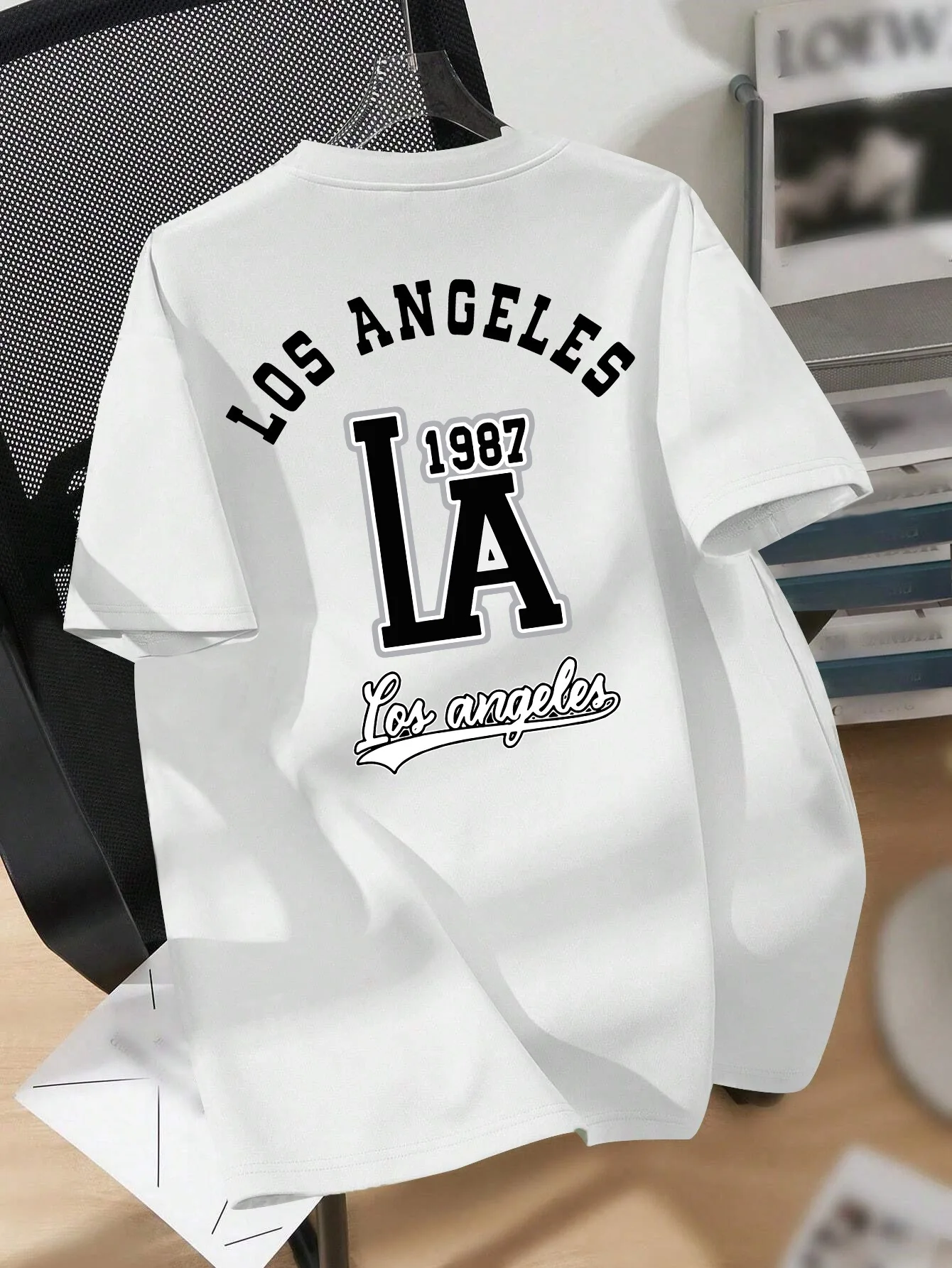 Retro Varsity Style Los Angeles 1987 Tee with Bold LA Lettering and Script Print 100% Cotton Men's T-shirt Summer Casual Wear