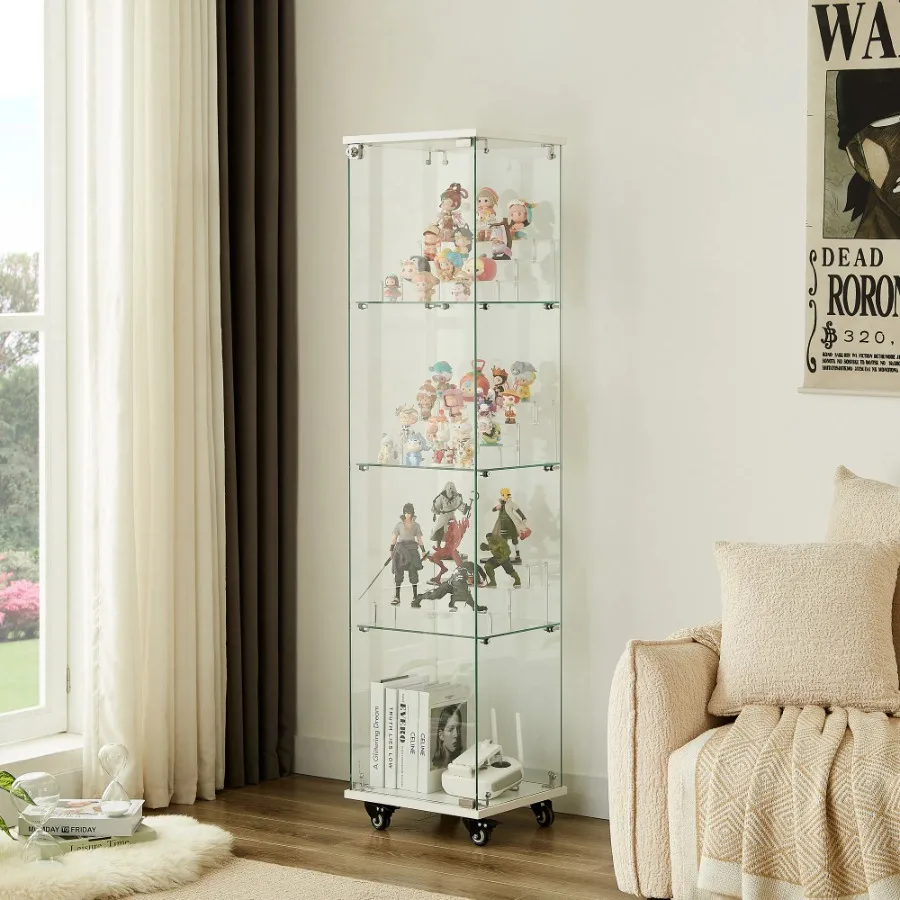 

4 Tier Glass Display Cabinet Single Door Glass Cabinet with Lock and Wheels Floor Standing Storage Cabinet with 3 Acrylic Shelv