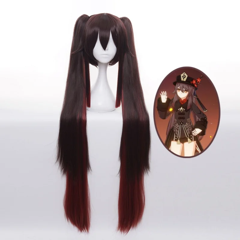 

Hu Tao Wig Game Genshin Impact Hutao Cosplay Pigtail Long Wig Dark Brown Synthetic Hair Wigs Party Christmas Halloween +Wig Cap