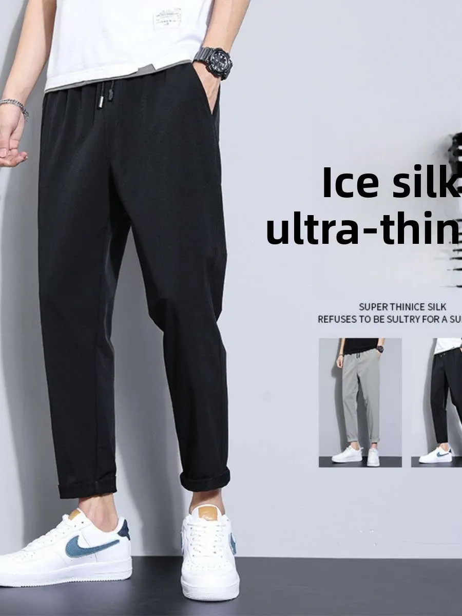 

Мужские спортивные брюки из ледяного шелка, облегающие, свободные, удобные, летние, повседневные, укороченные, тонкие, модные, с манжетами, длинные