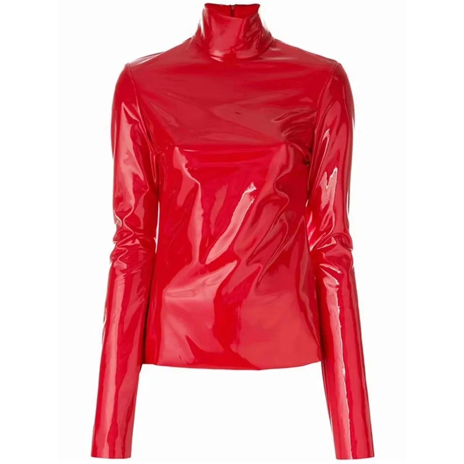 Women Glossy PU Leather Shirts Raves Party Top Turtleneck Long Sleeve Back Zipper T-shirt Catsuit Top for Club Music Festival
