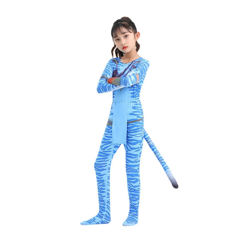 Movie Neytiri Cosplay Costume Kids Blue Stripes Tight Jumpsuits Adult Jake Sully Role Play Bodysuit Halloween Carnival Party