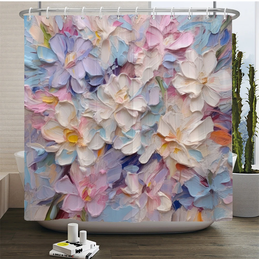 Art Painting Flowers Bathroom Curtain Fabric Cloth Flower Waterproof Shower Curtain Bathtub Curtains With Hooks Home Decor