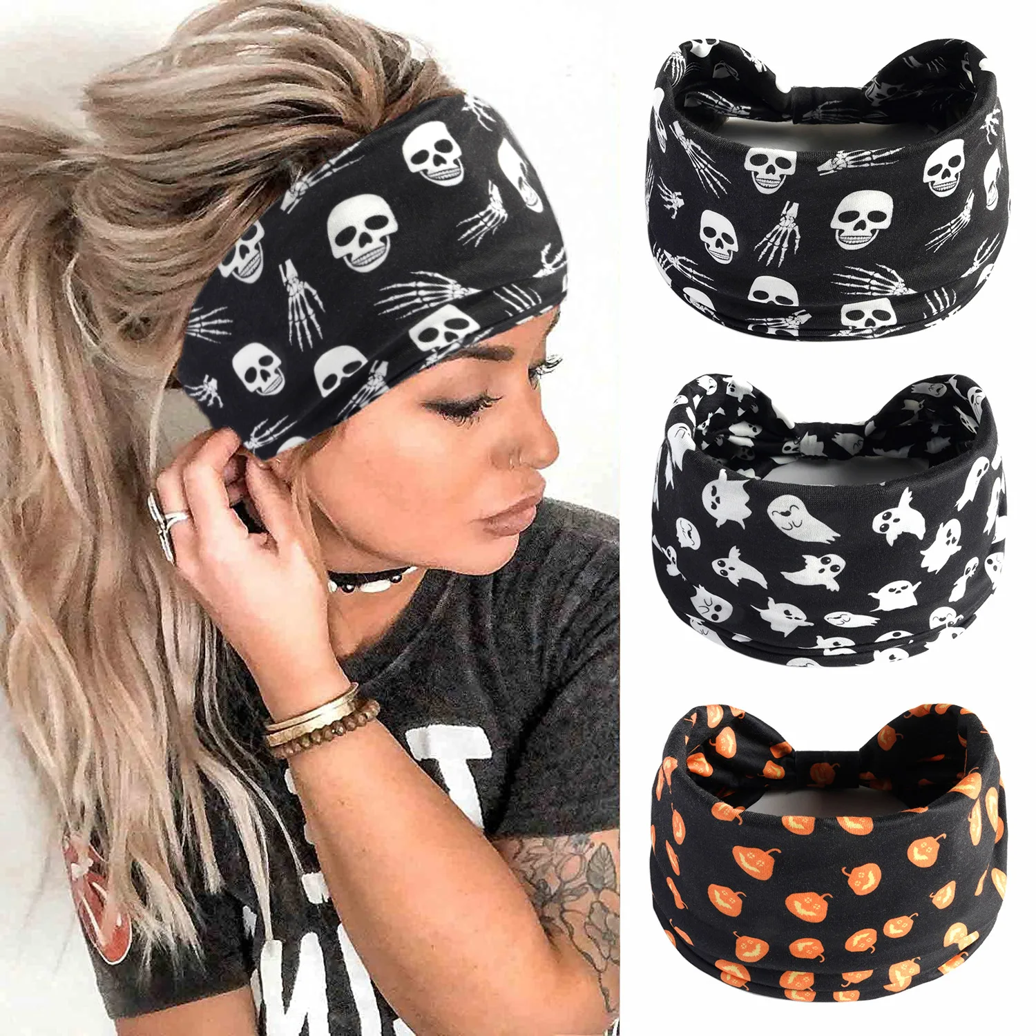 

Halloween Christmas Wide Headband Yoga Sports Hairband Pumpkin Skull Ghost Festival Headwear for Women