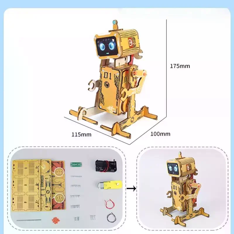 1 Zestaw Edukacyjnych Klocków Konstrukcyjnych Zabawka do Składania DIY Robot Naukowy Puzzle Drewniane 3D Robot Aktywowany Głosem Zestawy STEM dla Dzieci i Nastolatków