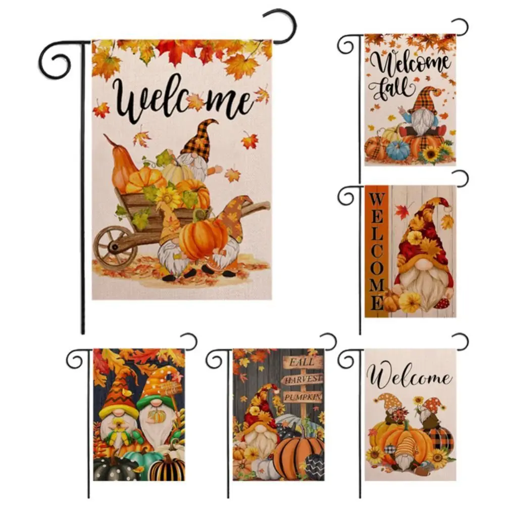 

Gnome Autumn Harvest Flag Pumpkin Without Bracket Fall Garden Flag Unique Design linen Fabric Pumpkin Cloth Flag Deck
