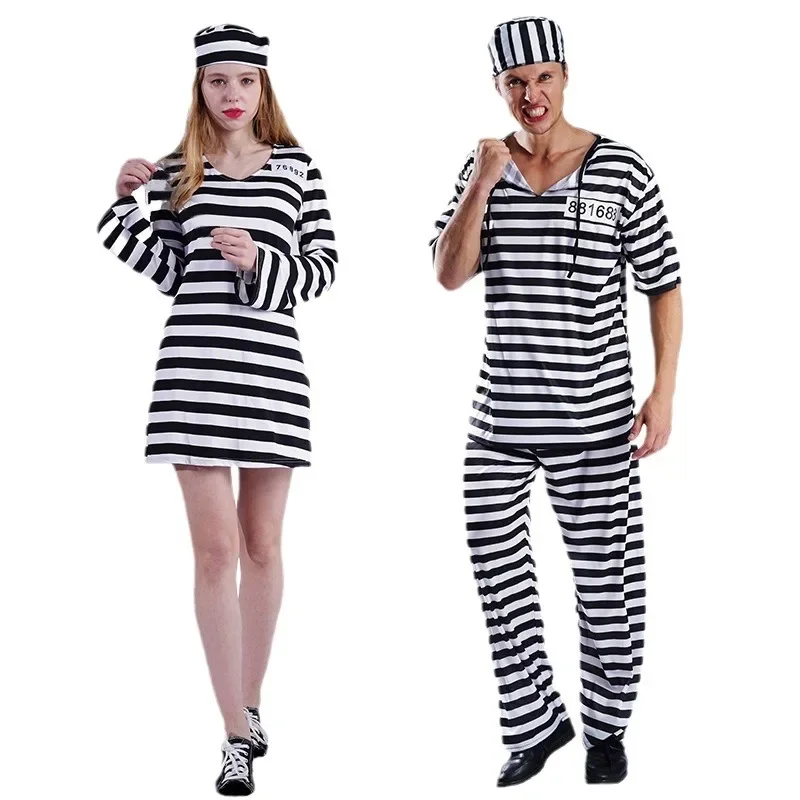 

Halloween Couple Costume Adult Prisoner Cosplay Costume Black and White Stripy Dress Shirt Pants Couple Outfit Party Stage Wear