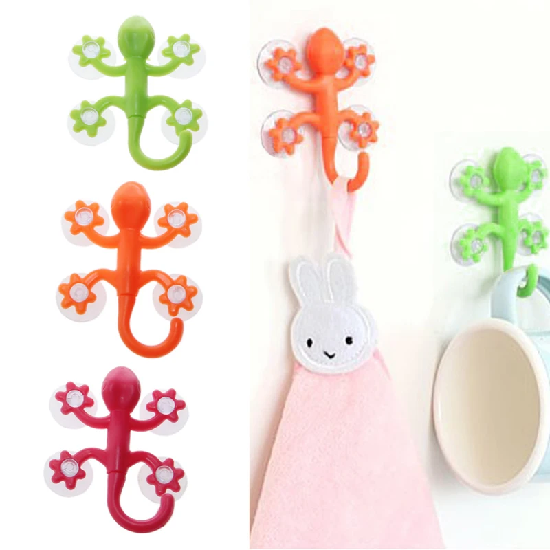 R1WA Wall Mounted Geckos Hook with 4 Suction Cups Vacuum Strong Hook for Bathroom and Office Use Household Decoration